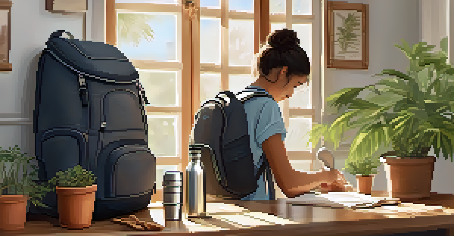 A traveler packing eco-friendly items like a stainless steel water bottle and bamboo utensils into a stylish backpack in a cozy room with plants and sunlight.