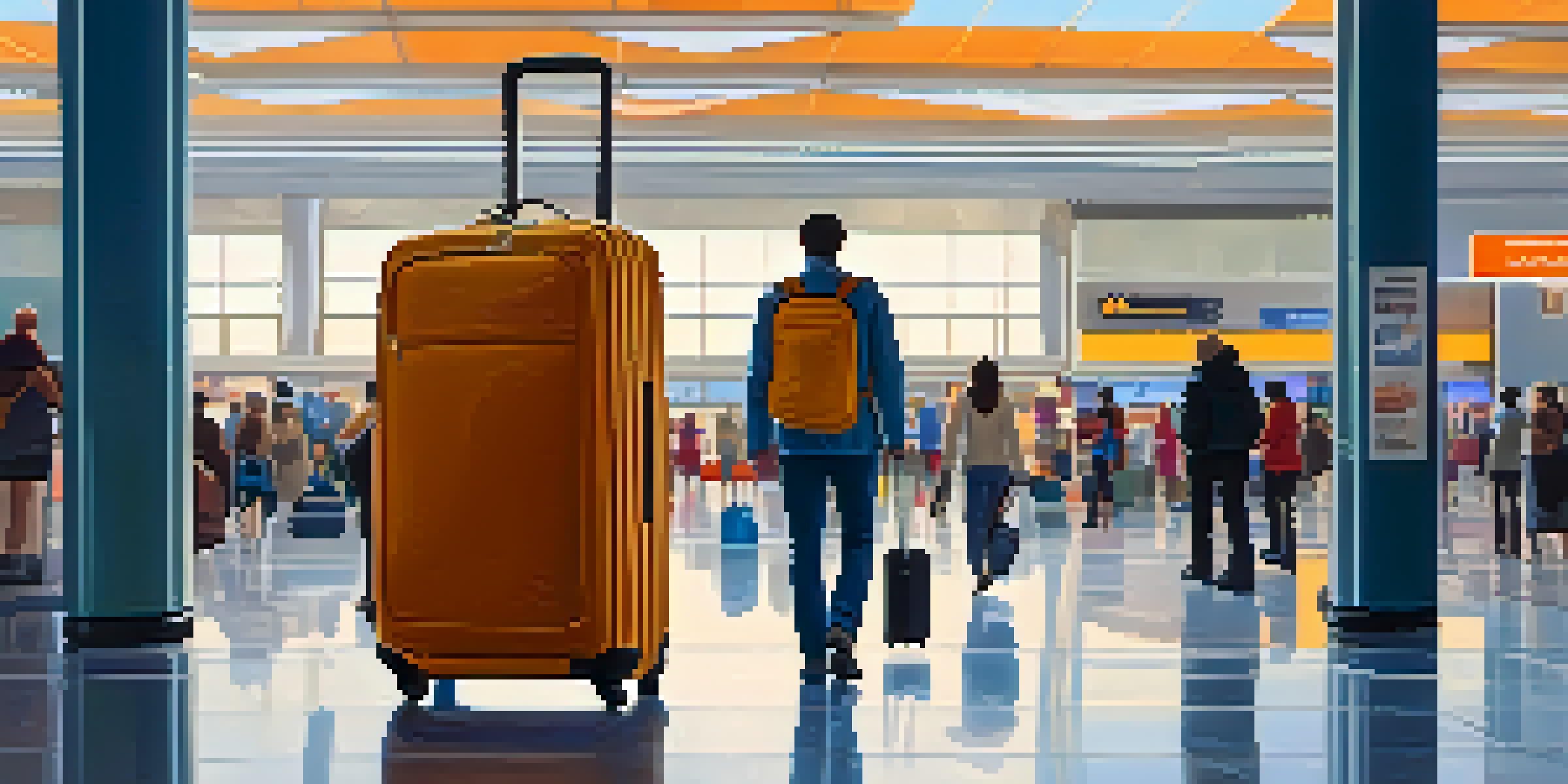 A traveler at the airport with a carry-on suitcase and a backpack, with colorful travel posters and other travelers in the background.
