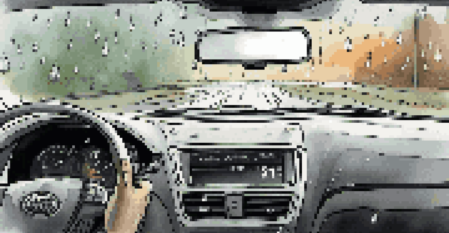 Close-up of a car dashboard with a weather app showing severe weather alerts and raindrops on the windshield.