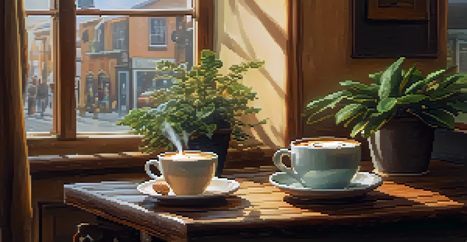 A cozy cafe with coffee and cake on a rustic wooden table.