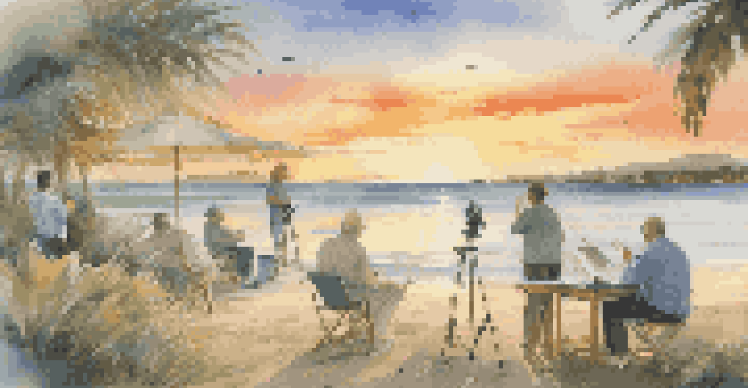 Artists painting on the beach at sunset, with colorful skies and golden reflections on the water, creating a peaceful atmosphere.