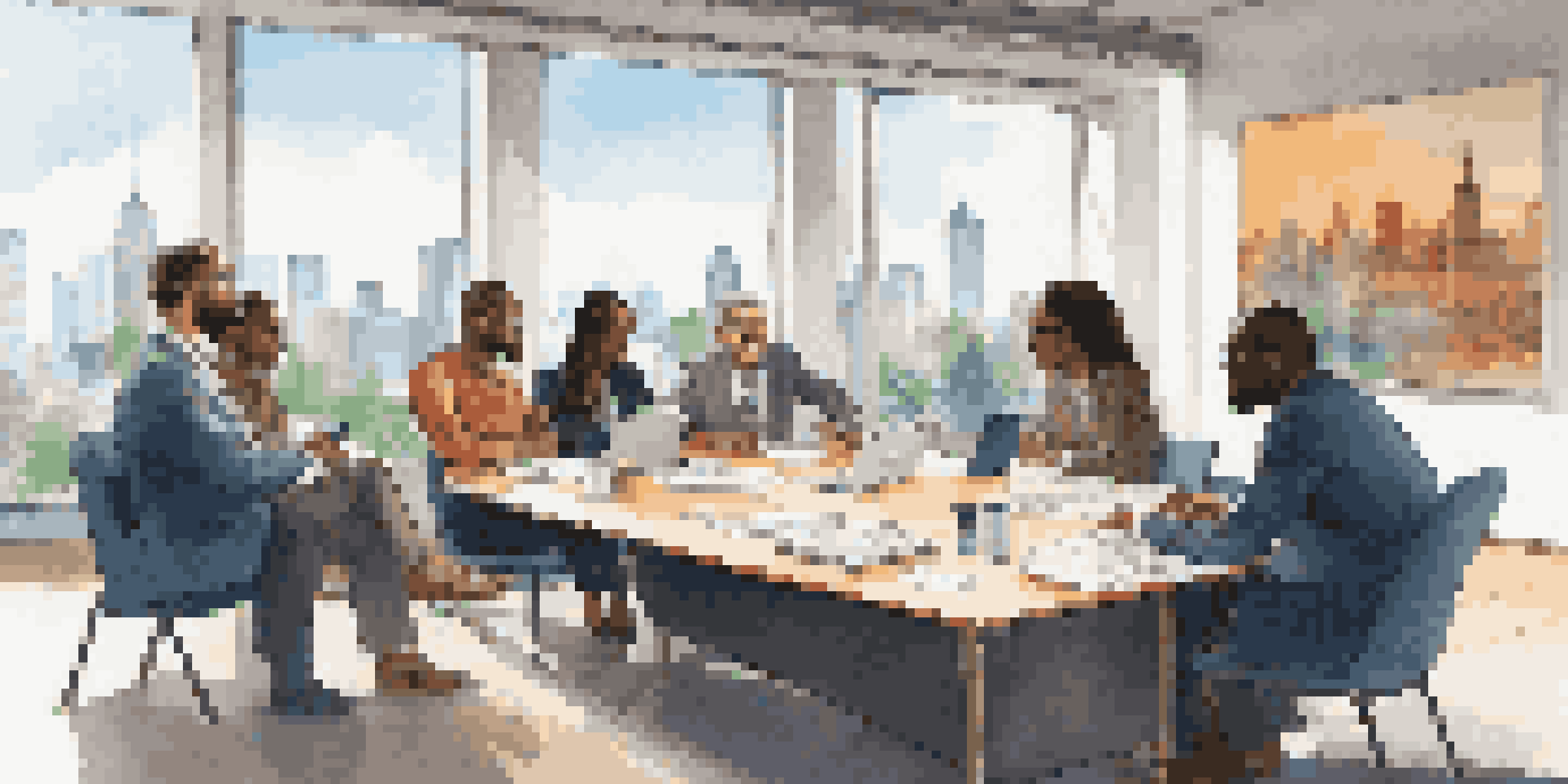 A diverse group of scholars in a bright university conference room discussing together around a large table with a city skyline in the background.