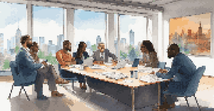 A diverse group of scholars in a bright university conference room discussing together around a large table with a city skyline in the background.