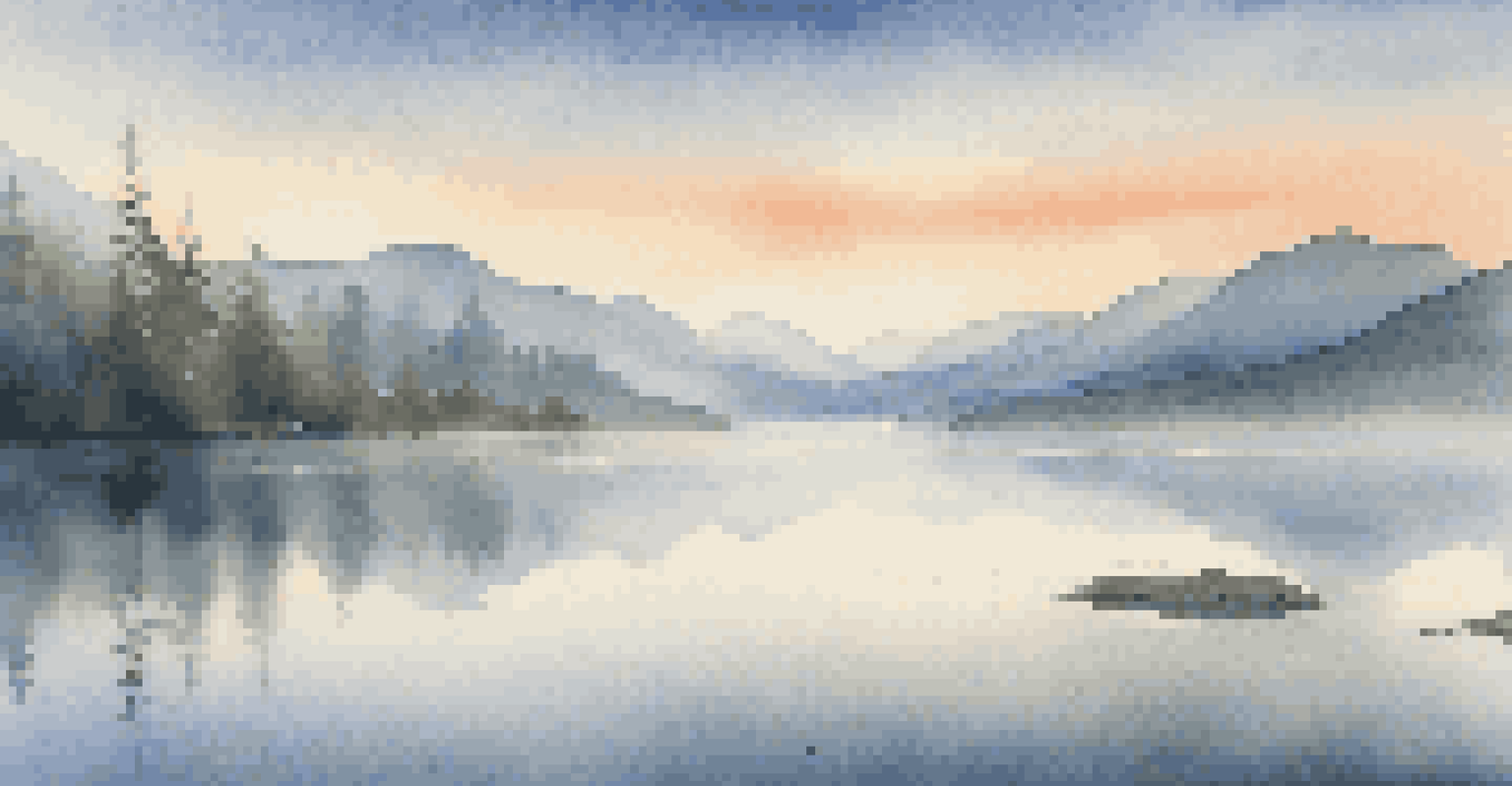 A misty lake at dawn with a tripod in the foreground and mountains in the background.