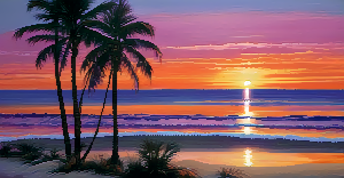 A beautiful sunset over a calm beach with palm trees and colorful reflections in the water.