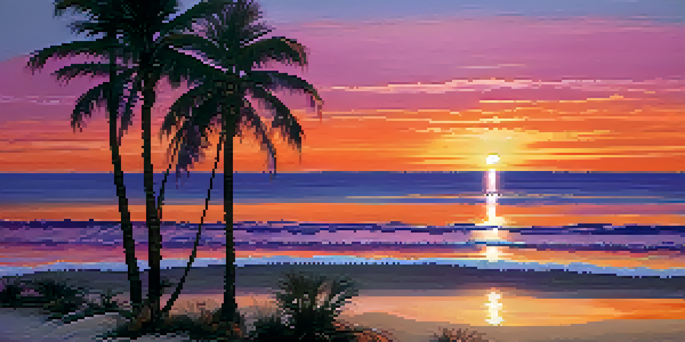 A beautiful sunset over a calm beach with palm trees and colorful reflections in the water.