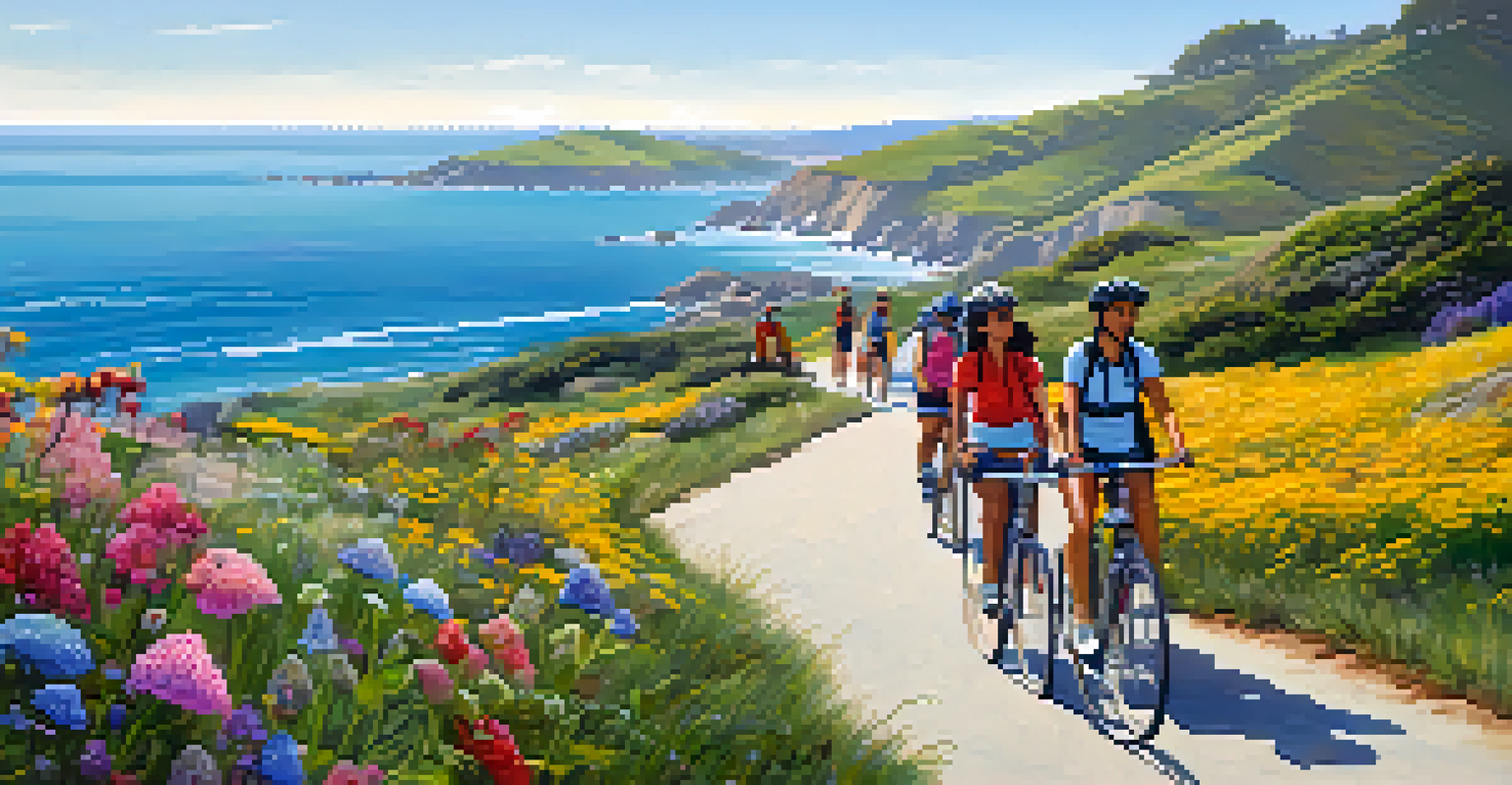 A group of diverse travelers biking along a coastal path with the ocean in the background and wildflowers along the route.