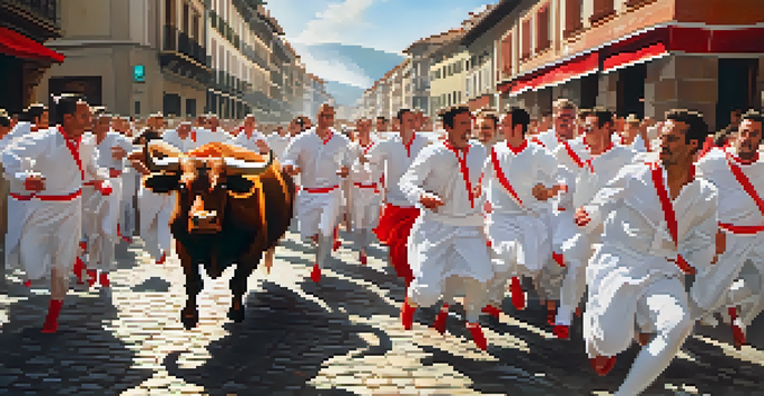 Participants in traditional white and red attire running alongside bulls in a lively street in Pamplona during the Running of the Bulls event.
