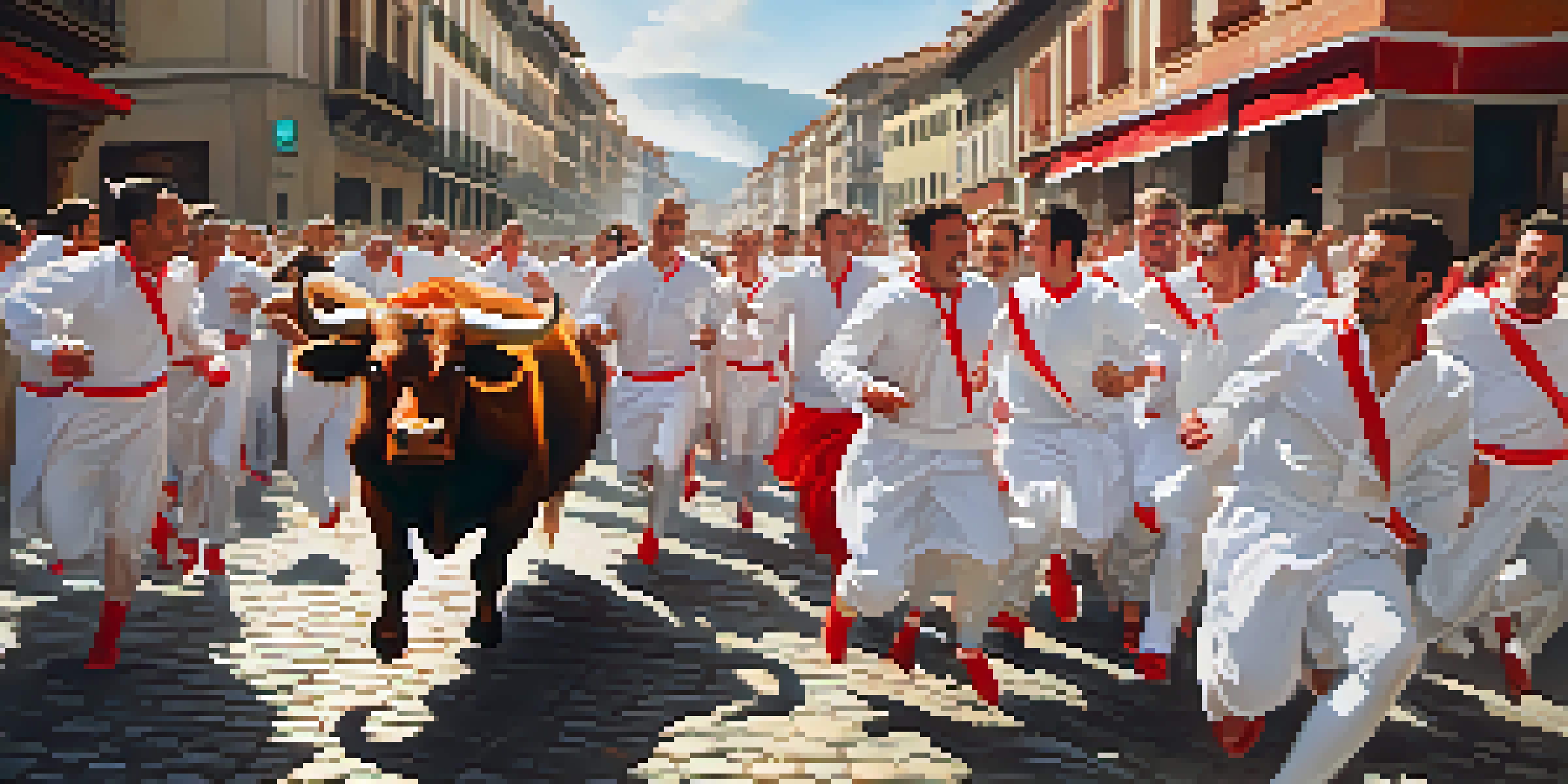 Participants in traditional white and red attire running alongside bulls in a lively street in Pamplona during the Running of the Bulls event.