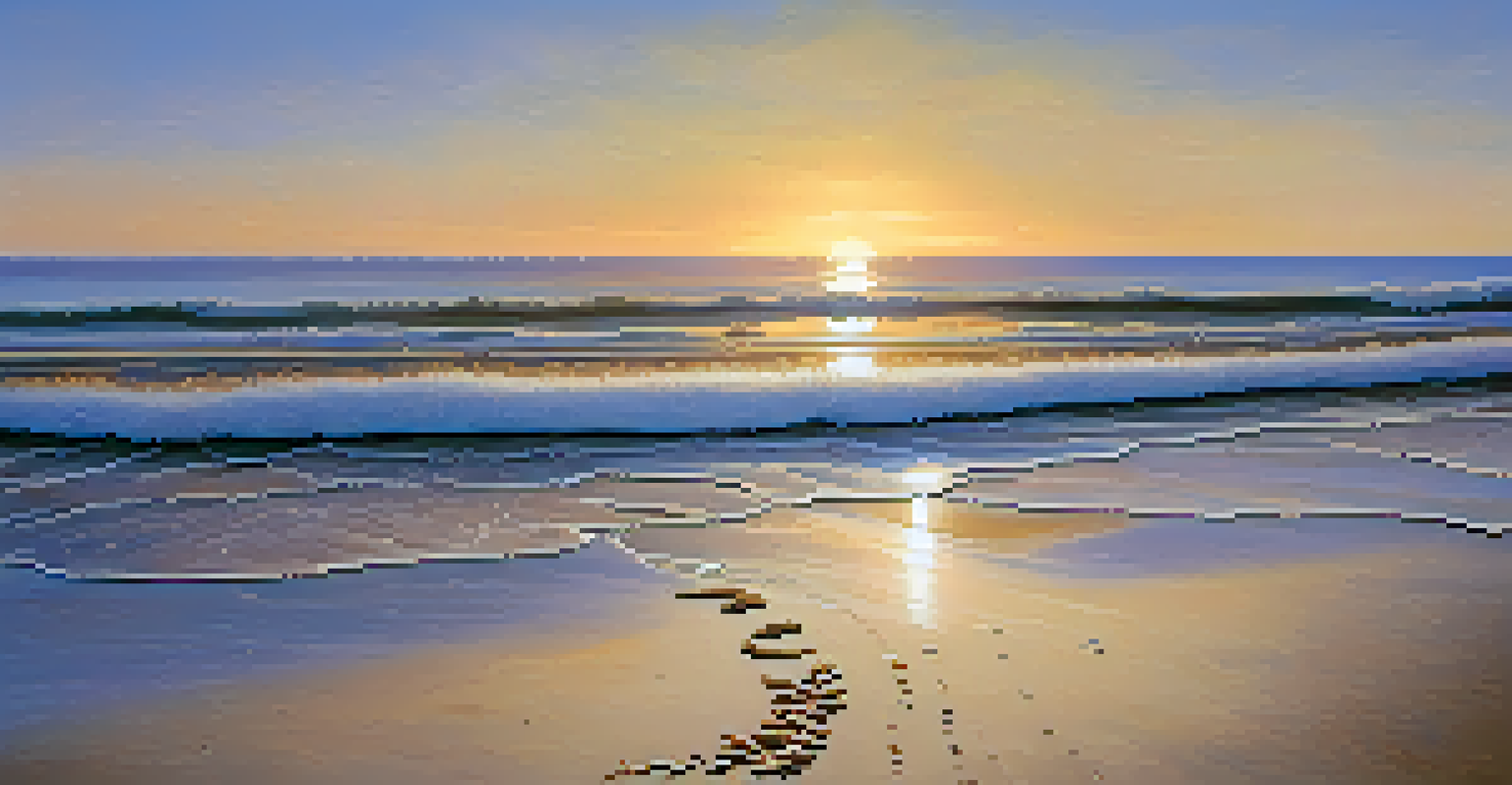 A peaceful beach at sunrise with soft waves and a seashell on the sand.
