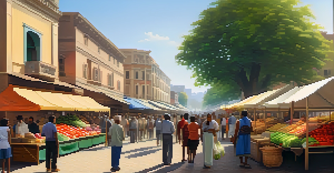 A lively marketplace in a stable city during unrest, with colorful stalls and happy people enjoying their time.