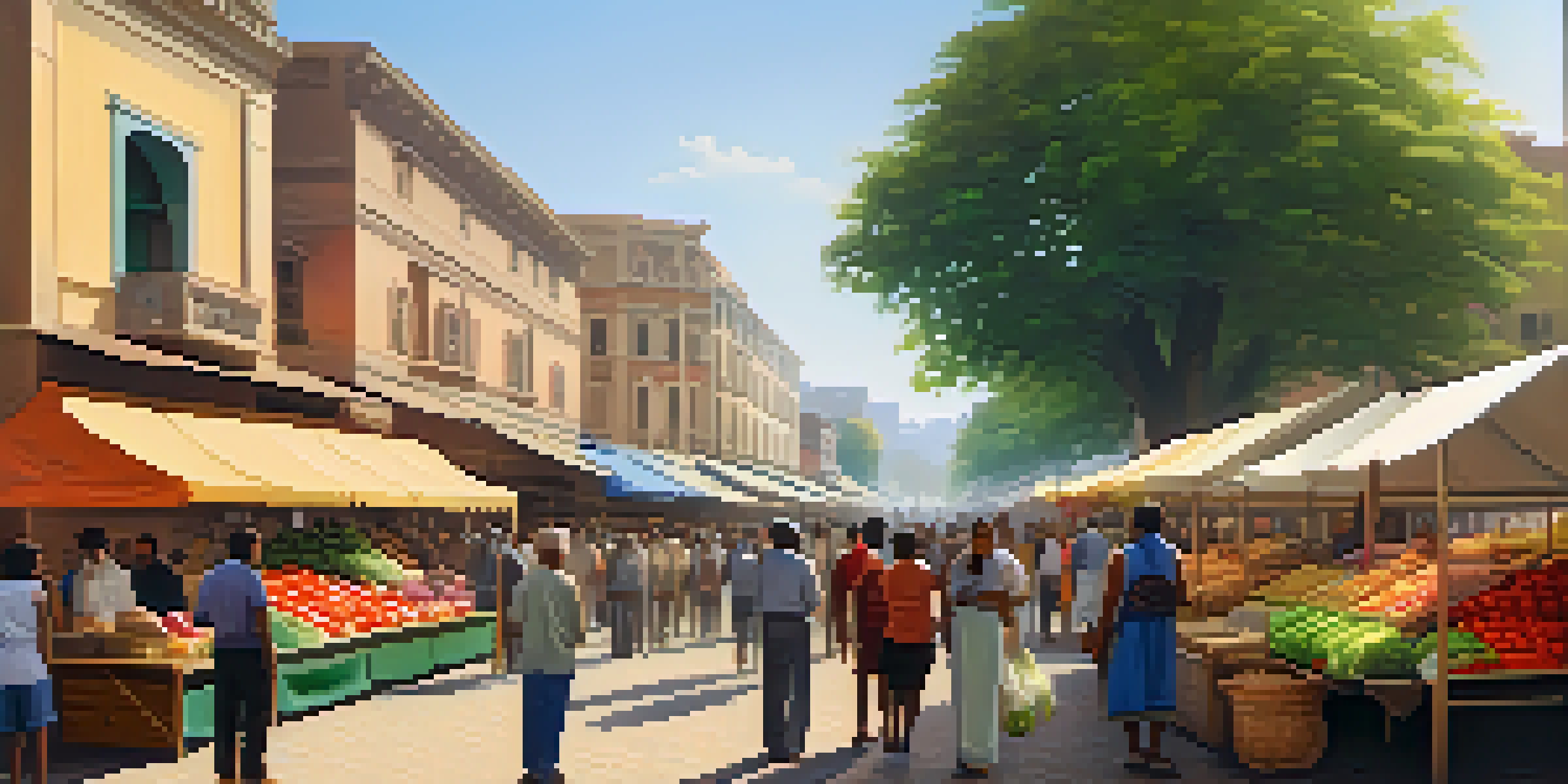 A lively marketplace in a stable city during unrest, with colorful stalls and happy people enjoying their time.