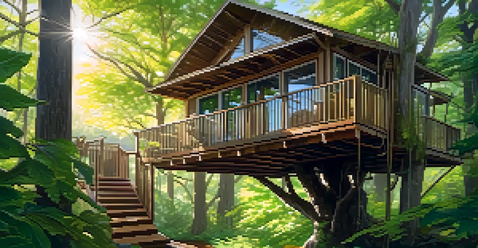 A treehouse surrounded by lush greenery, built with sustainable materials, featuring a balcony and hammock, illuminated by sunlight filtering through the leaves.