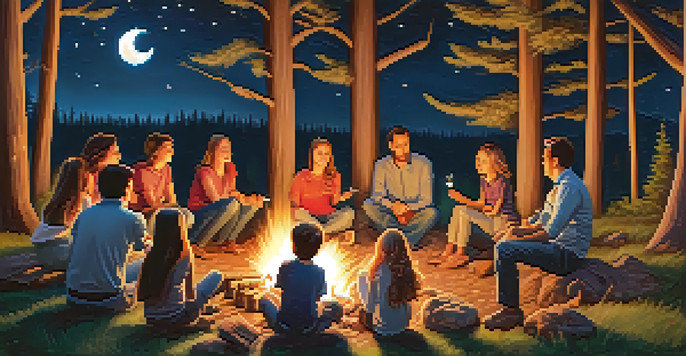 A family sits around a campfire in the evening, sharing stories and roasting marshmallows under a starry sky.
