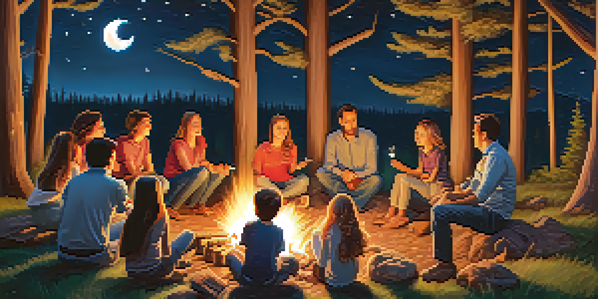 A family sits around a campfire in the evening, sharing stories and roasting marshmallows under a starry sky.