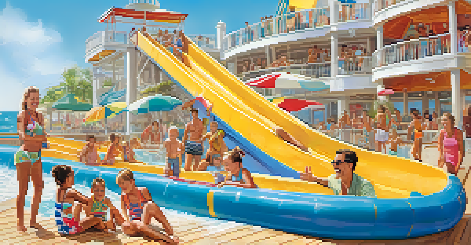 A family having fun on a water slide on a cruise ship with passengers in the background.