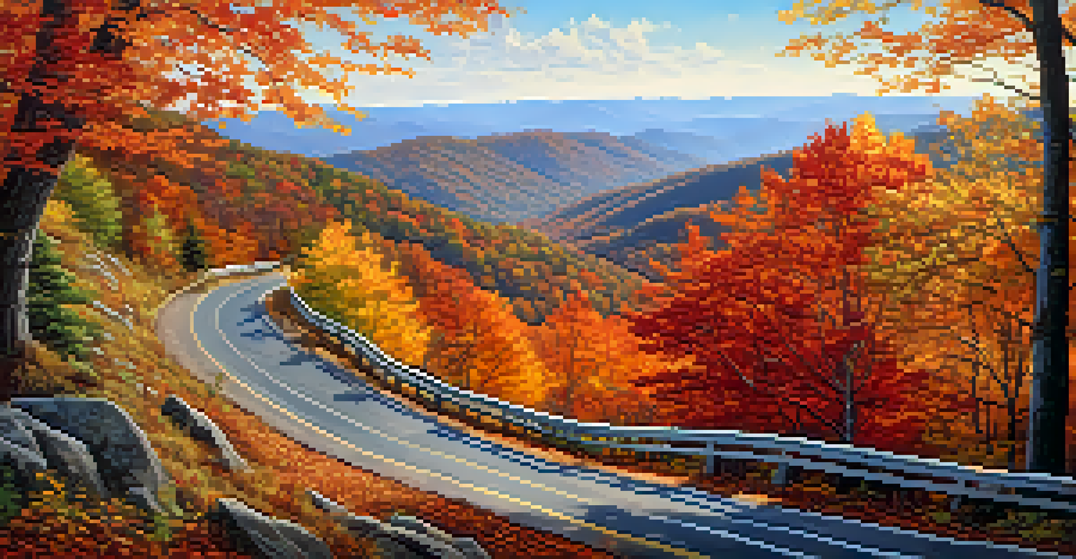 A colorful autumn view of the Blue Ridge Parkway with vibrant leaves and a family enjoying the scenery.