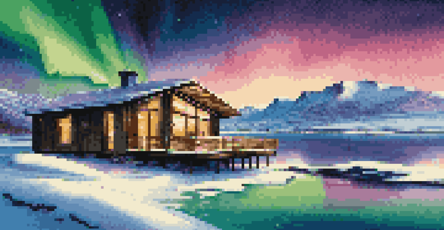 A luxury cabin in Iceland with large glass walls, under the Northern Lights, surrounded by snow-covered mountains and a frozen lake.