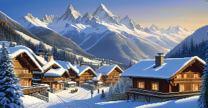 A beautiful winter scene in the Swiss Alps with snow-capped mountains, a quaint village, and skiers on the slopes.