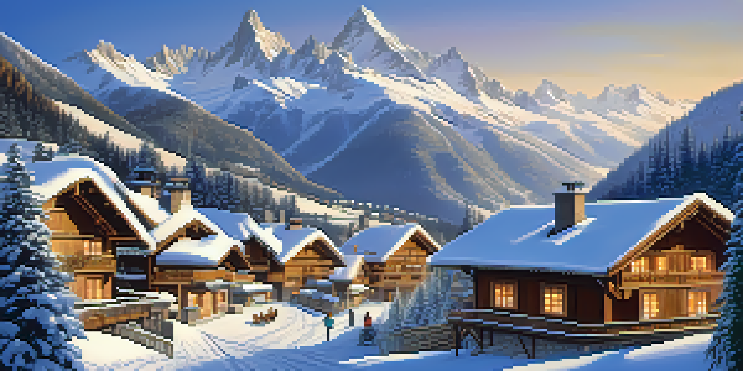 A beautiful winter scene in the Swiss Alps with snow-capped mountains, a quaint village, and skiers on the slopes.