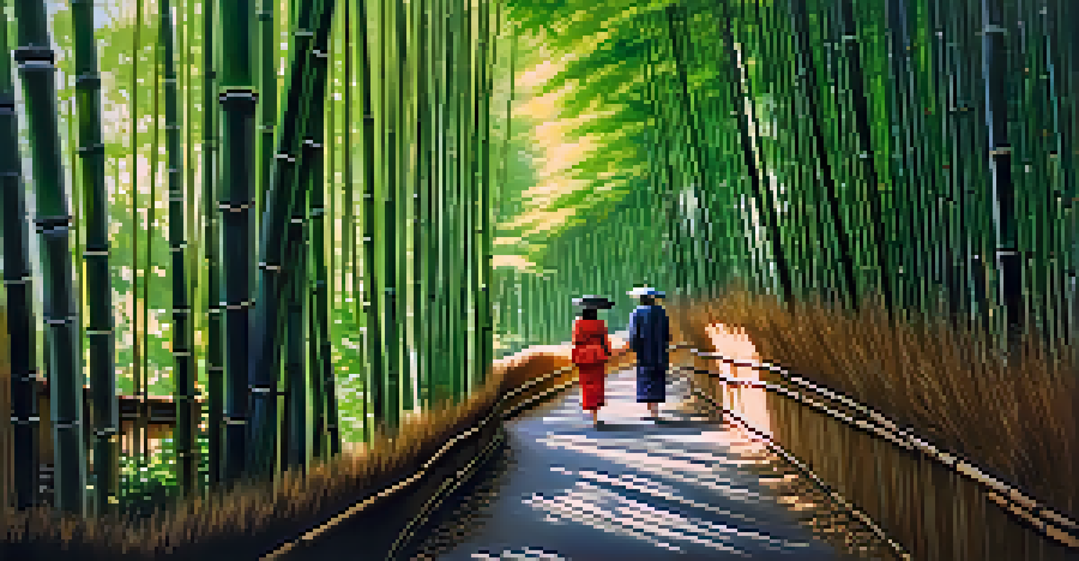 A couple walking through the lush bamboo grove in Kyoto, surrounded by tall green bamboo and dappled sunlight.