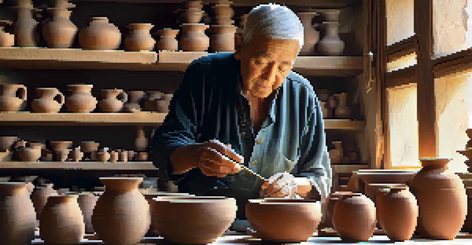 An elderly artisan working on pottery in a sunlit workshop, with shelves of clay pots and tools in the background, capturing the essence of traditional craftsmanship.