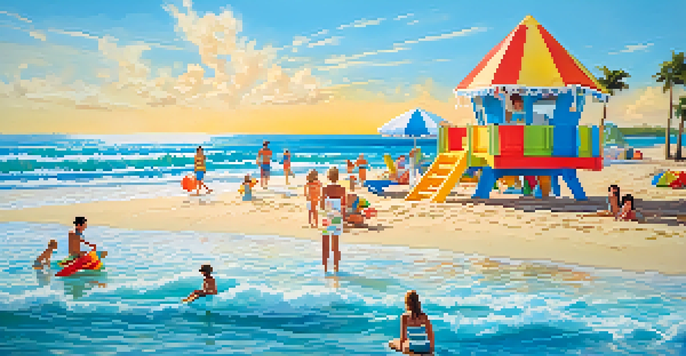 A family with two kids building a sandcastle on a sunny beach, with colorful beach toys and gentle waves in the background.