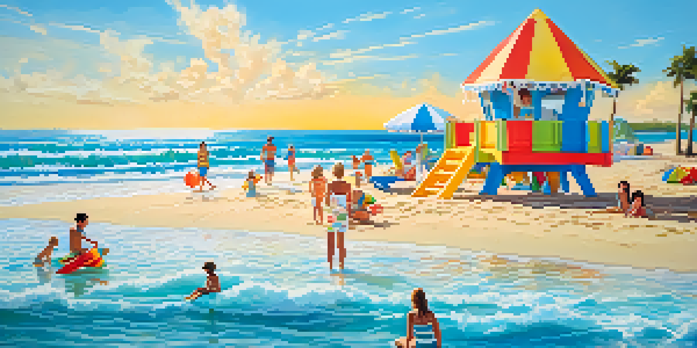 A family with two kids building a sandcastle on a sunny beach, with colorful beach toys and gentle waves in the background.