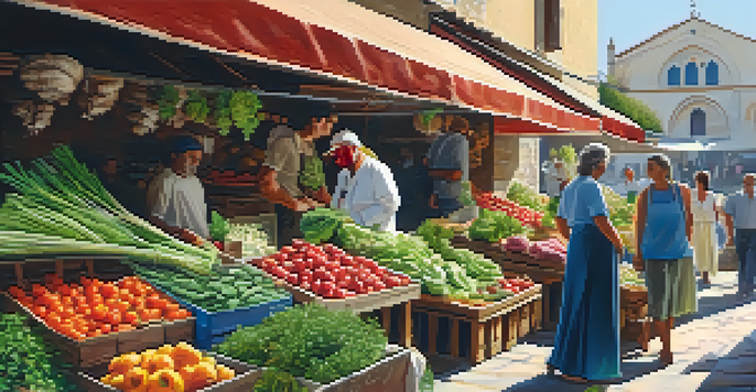 A bustling Mediterranean market filled with colorful vegetables and herbs, with sunlight filtering through an awning.
