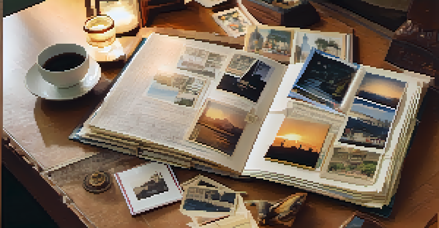 An open scrapbook filled with photographs and notes on a wooden table in a softly lit room.