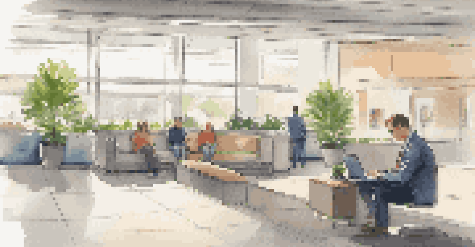 A calm airport waiting area with travelers maintaining personal space while reading or using devices, featuring soft ambient lighting.