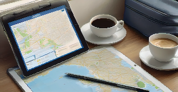 A tablet displaying a travel itinerary next to a coffee cup in a hotel room, with soft light and a map in the background.