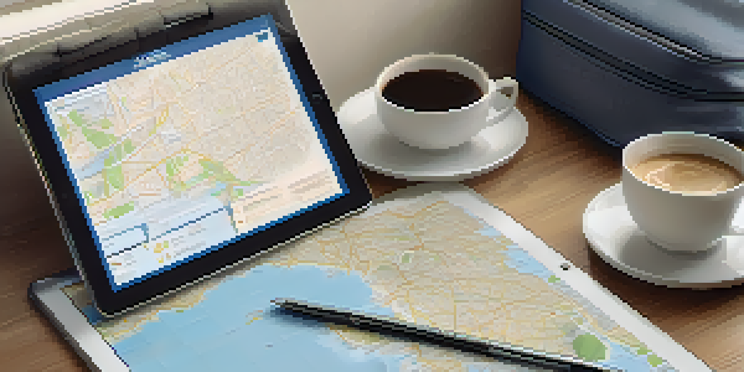 A tablet displaying a travel itinerary next to a coffee cup in a hotel room, with soft light and a map in the background.
