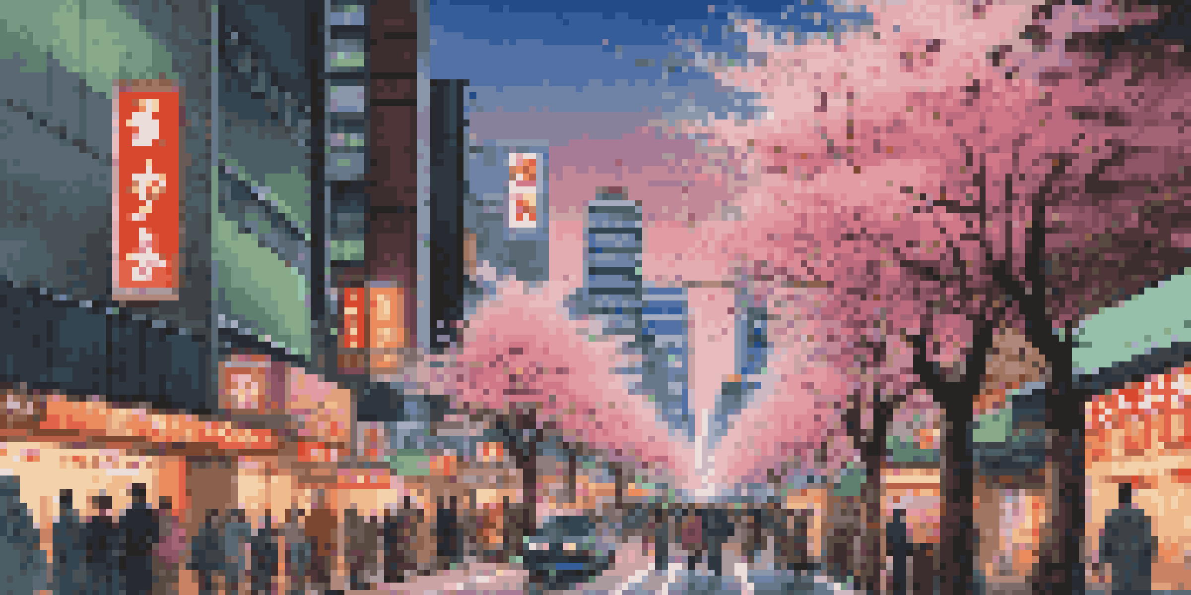A busy street in Tokyo filled with neon signs, people, and cherry blossom trees against a twilight sky.