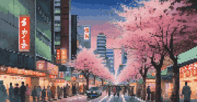 A busy street in Tokyo filled with neon signs, people, and cherry blossom trees against a twilight sky.