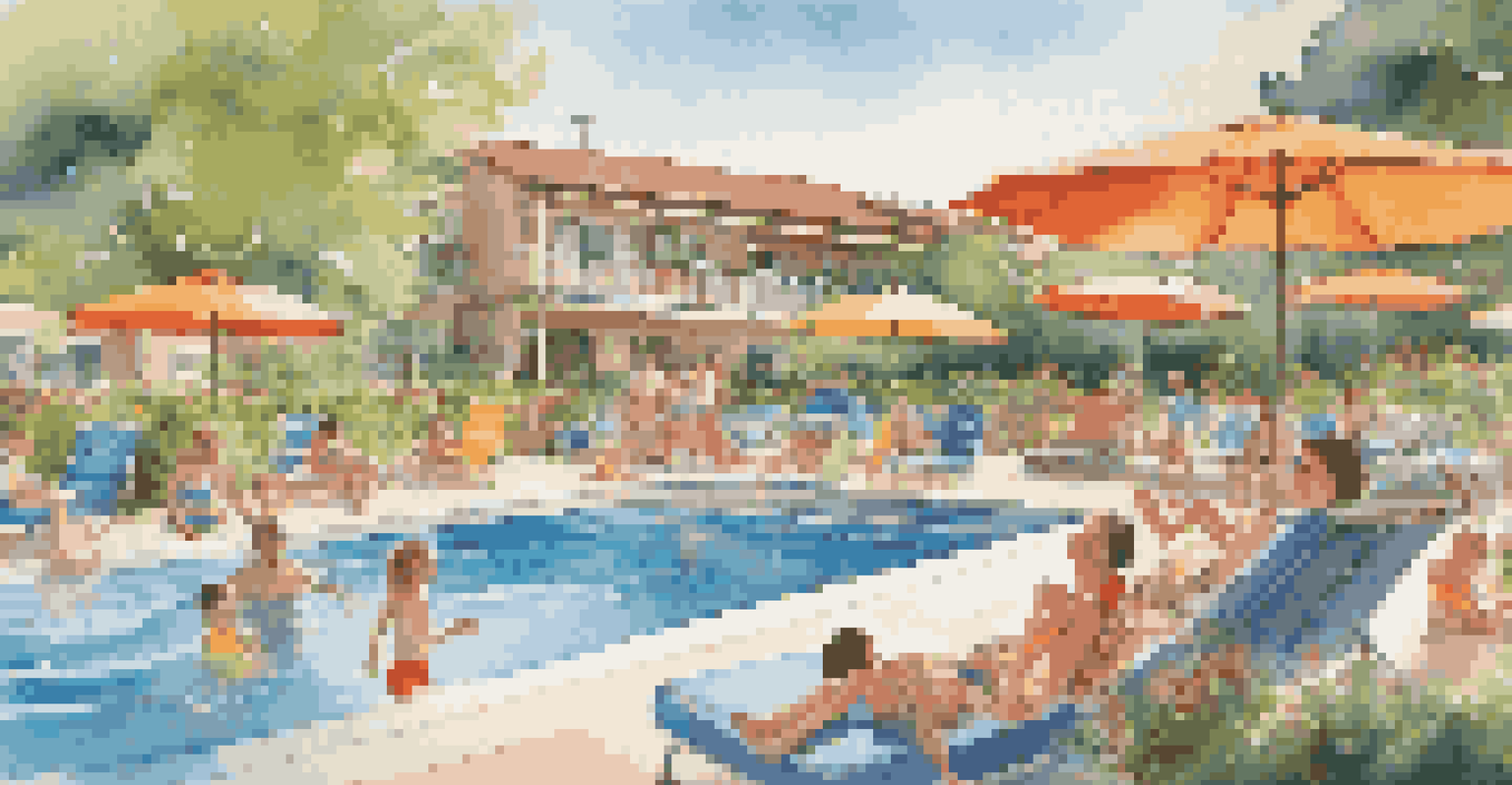 A lively outdoor swimming pool area at a family resort with children playing and parents relaxing nearby.