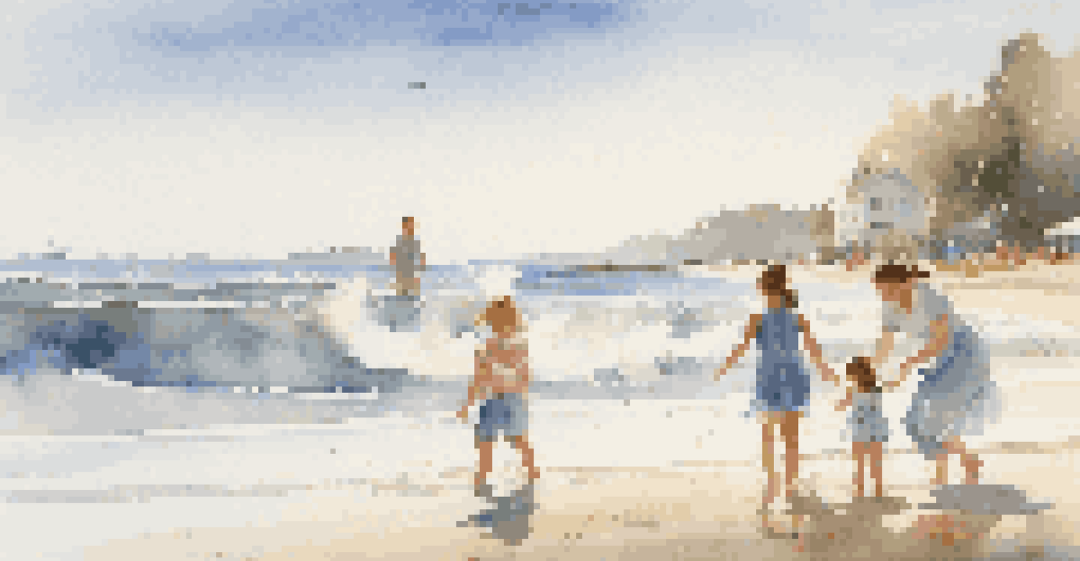 Families enjoying a sunny day at the beach, with children splashing in the waves and parents watching happily.