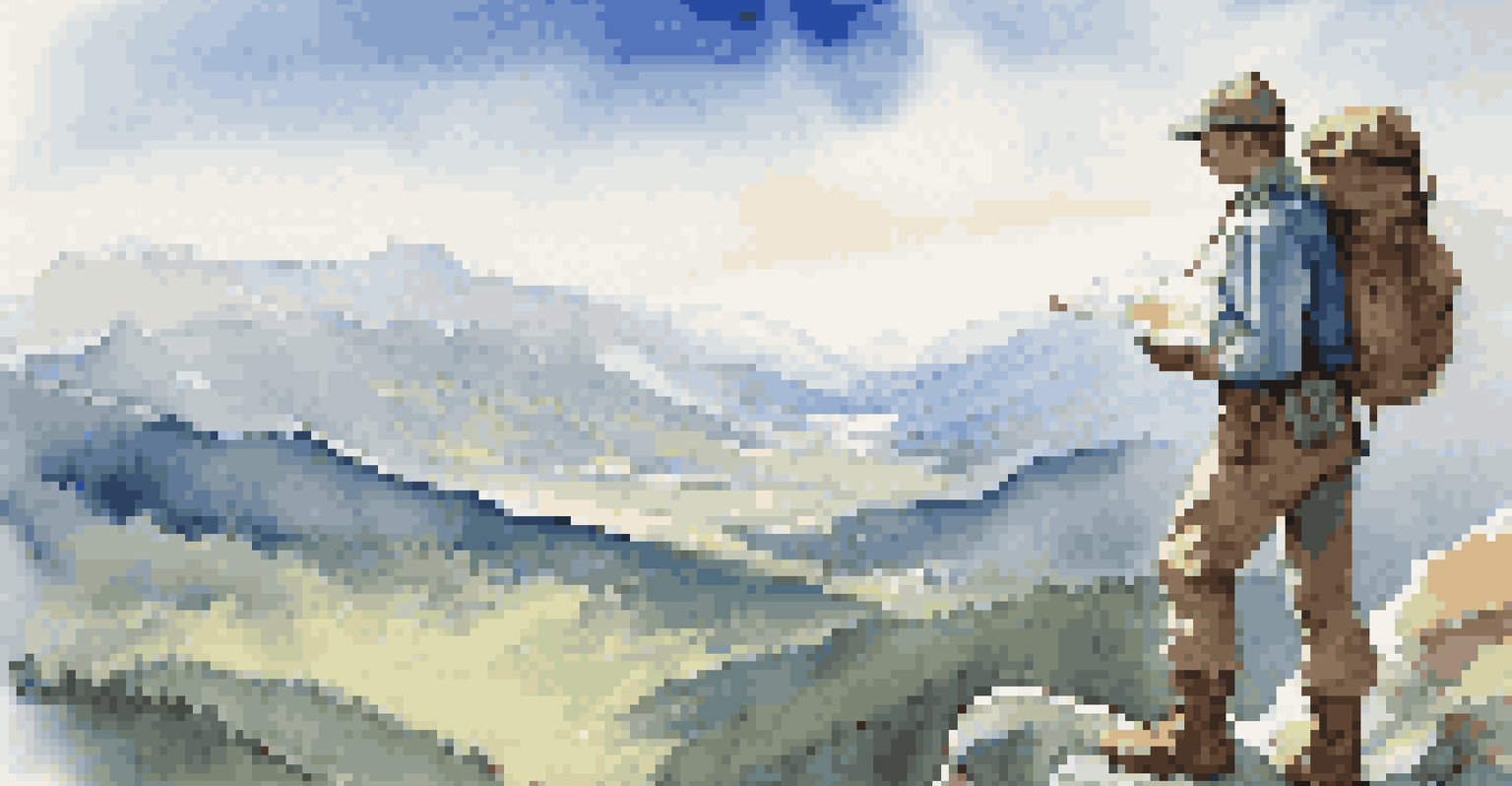A hiker on a rocky outcrop, using a map and compass to navigate a beautiful wilderness landscape.