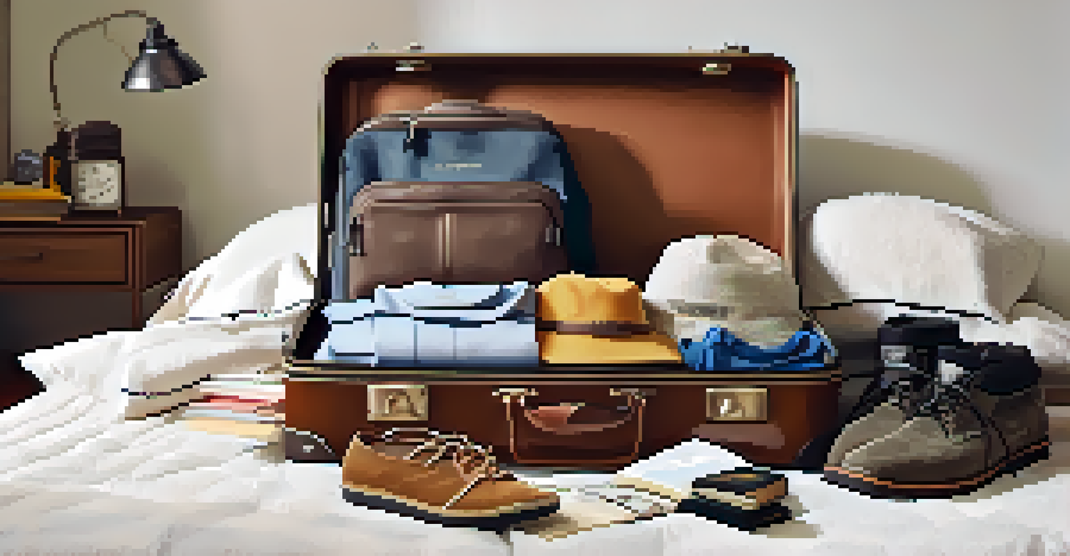 A minimalist suitcase open on a bed, filled with organized travel essentials and clothing.