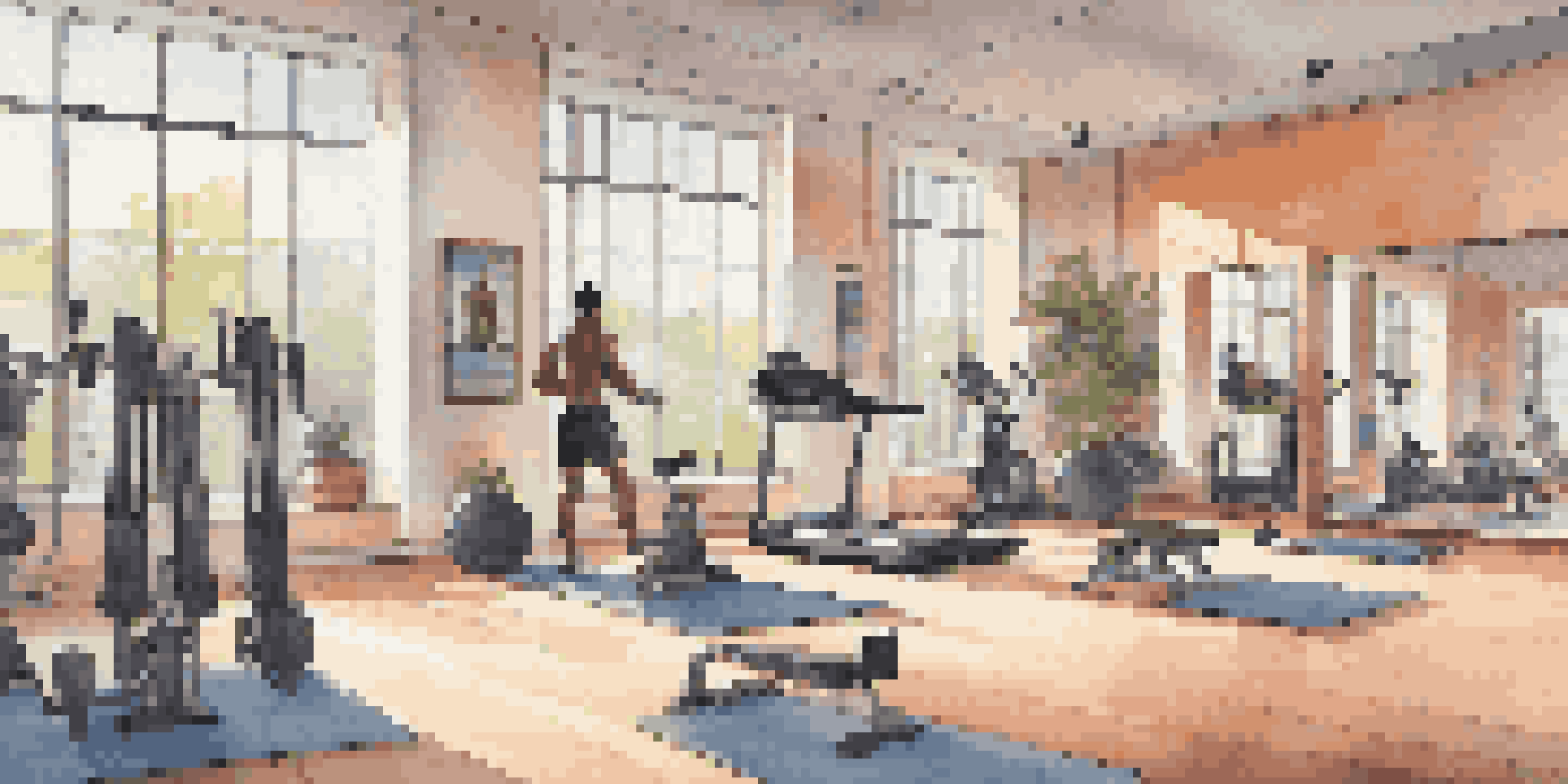 A spacious hotel gym with modern equipment, a person lifting weights, and a yoga mat in the corner, illuminated by natural light from large windows.