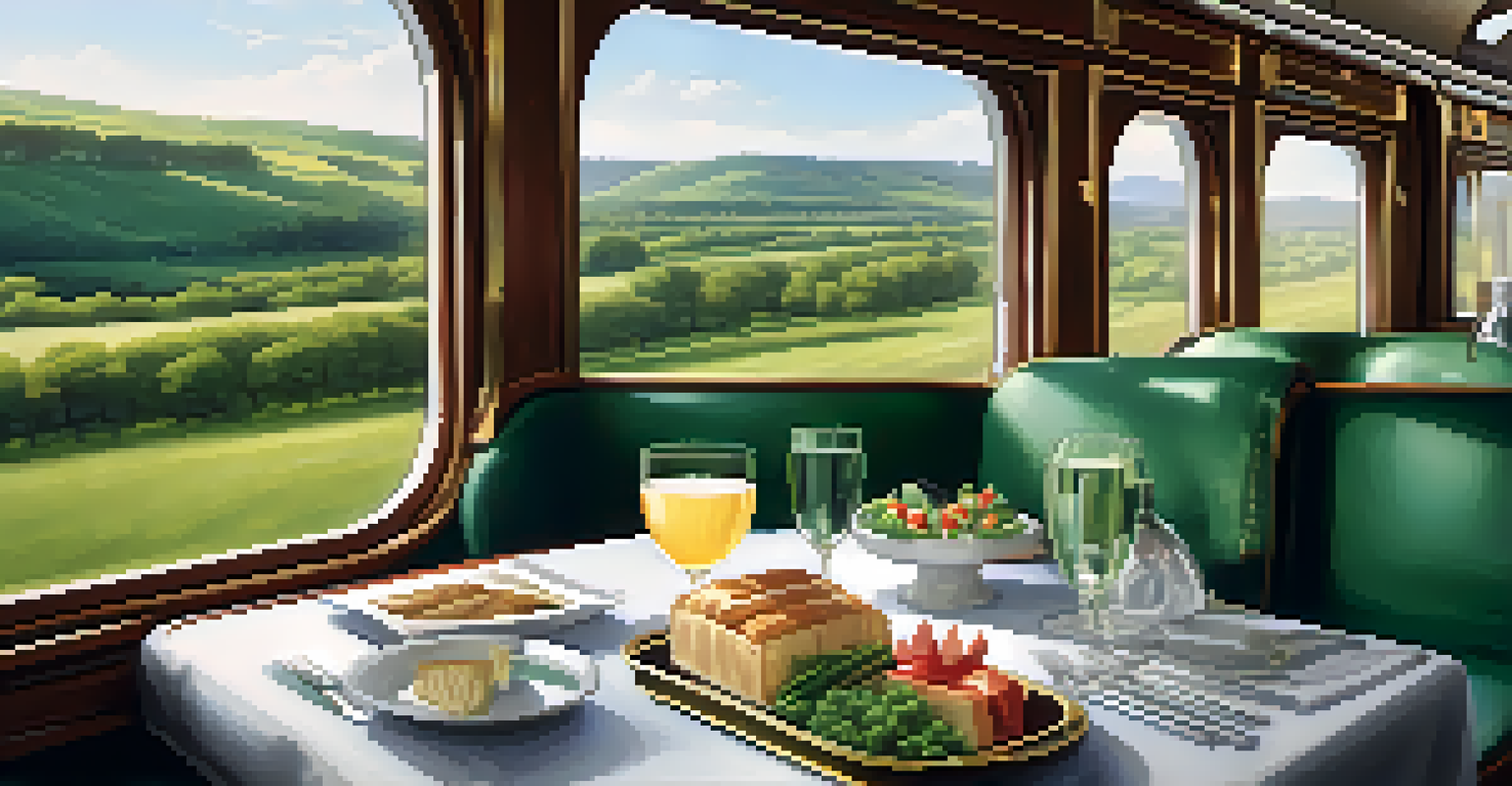 Luxurious first-class train carriage with plush seating and a scenic view of rolling hills outside.