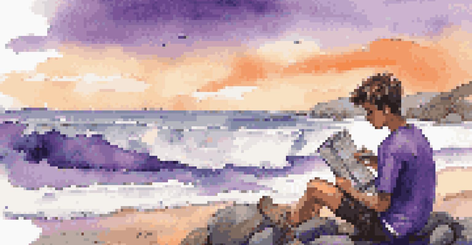 A teenager journaling on the beach during sunset, surrounded by sketches and ticket stubs.