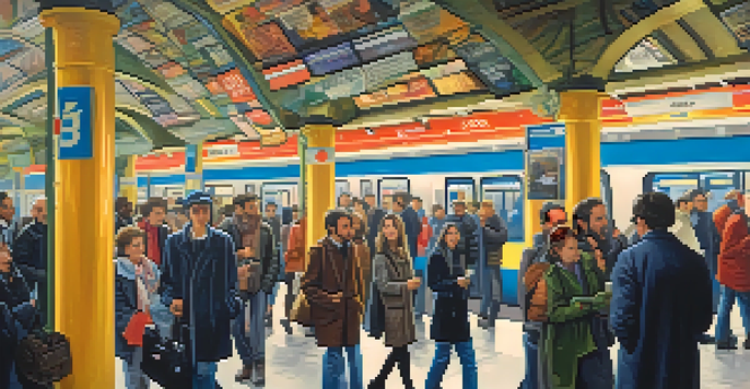 A crowded Paris Métro station with diverse commuters holding maps and tickets, vibrant advertisements, and the iconic Métro sign.