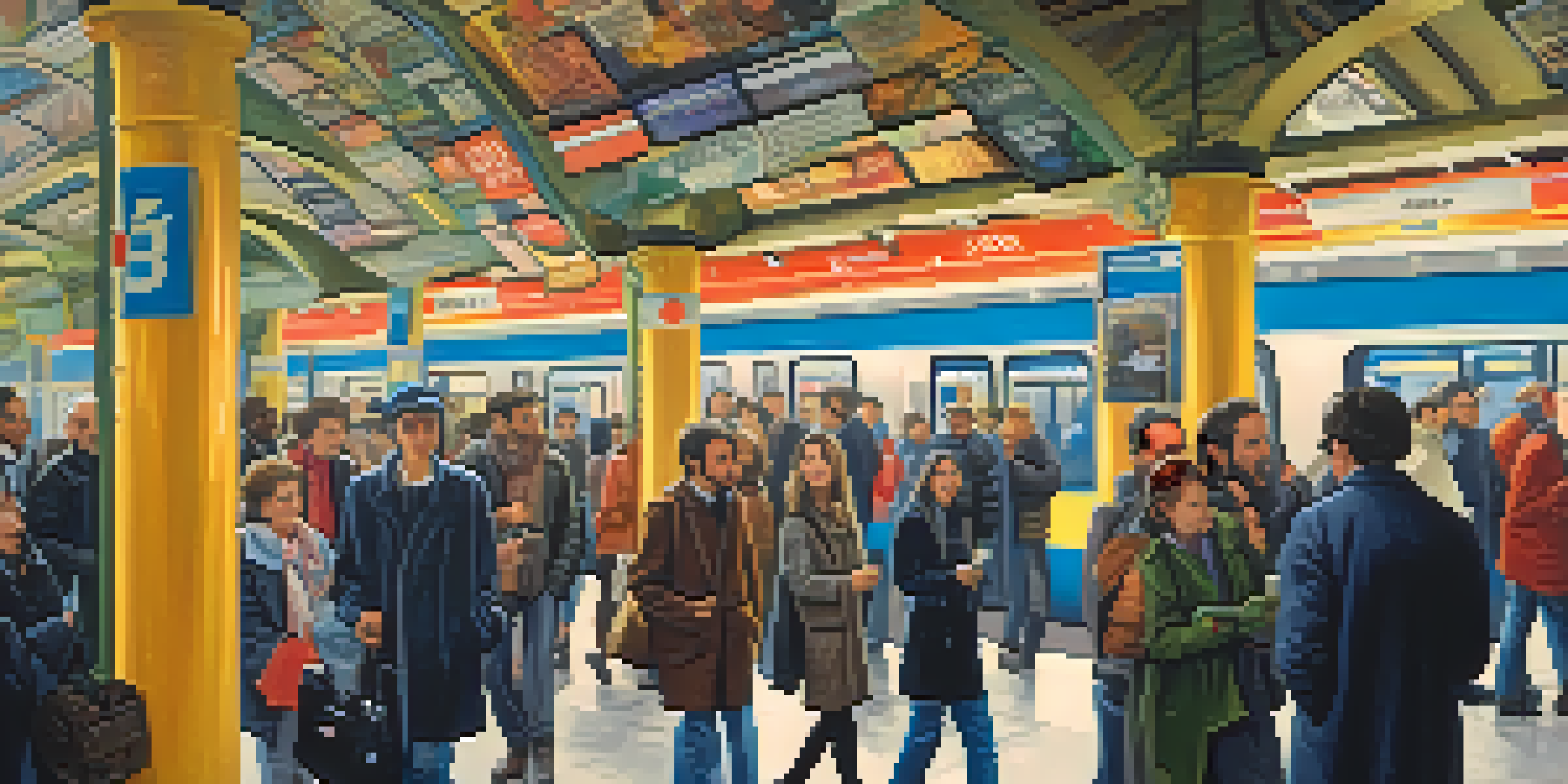 A crowded Paris Métro station with diverse commuters holding maps and tickets, vibrant advertisements, and the iconic Métro sign.