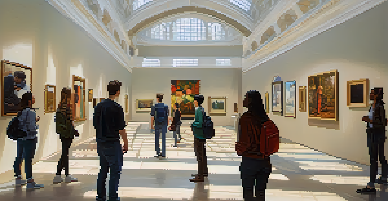 College students exploring an art gallery, discussing artwork in a beautifully designed space with high ceilings.