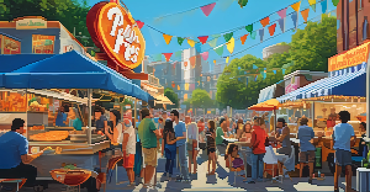 A lively street food scene at a festival with colorful food trucks and attendees enjoying various dishes and drinks.