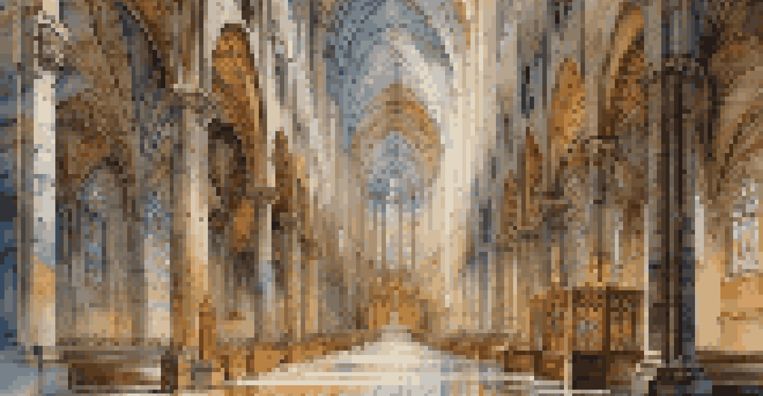 The interior of a cathedral with tall stained-glass windows casting colorful reflections on the stone floor, surrounded by ornate carvings.