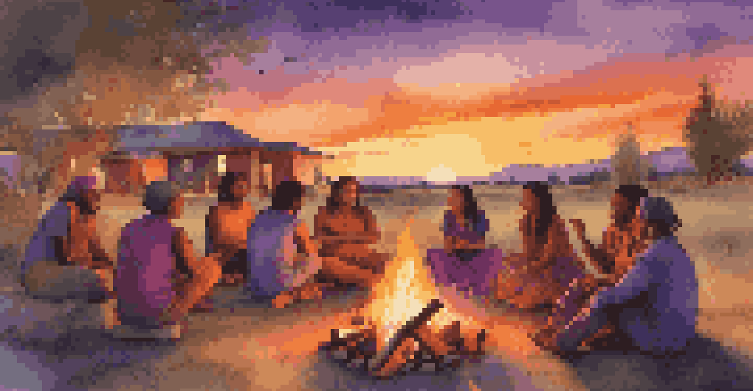 A community gathering around a fire at sunset, with people chanting and musical instruments around them.