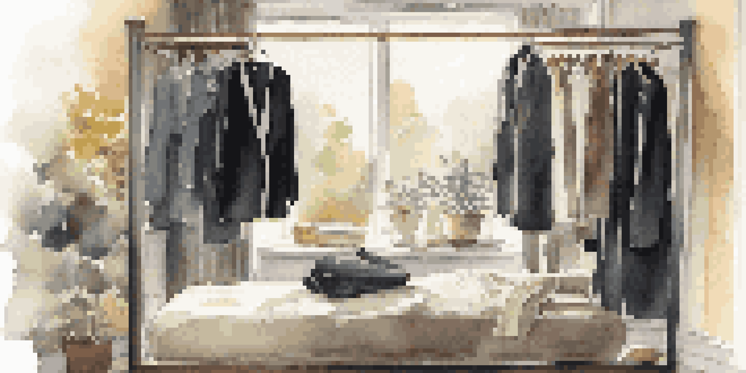 An organized travel wardrobe on a bed with versatile clothing items in neutral colors, illuminated by sunlight.