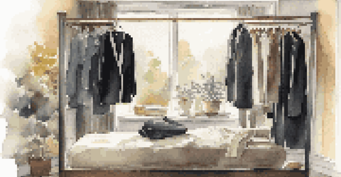 An organized travel wardrobe on a bed with versatile clothing items in neutral colors, illuminated by sunlight.